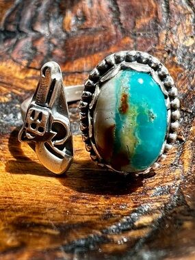 Fox Turquoise Pistol Floater Ring Sterling Silver Adjustable Size 8.5